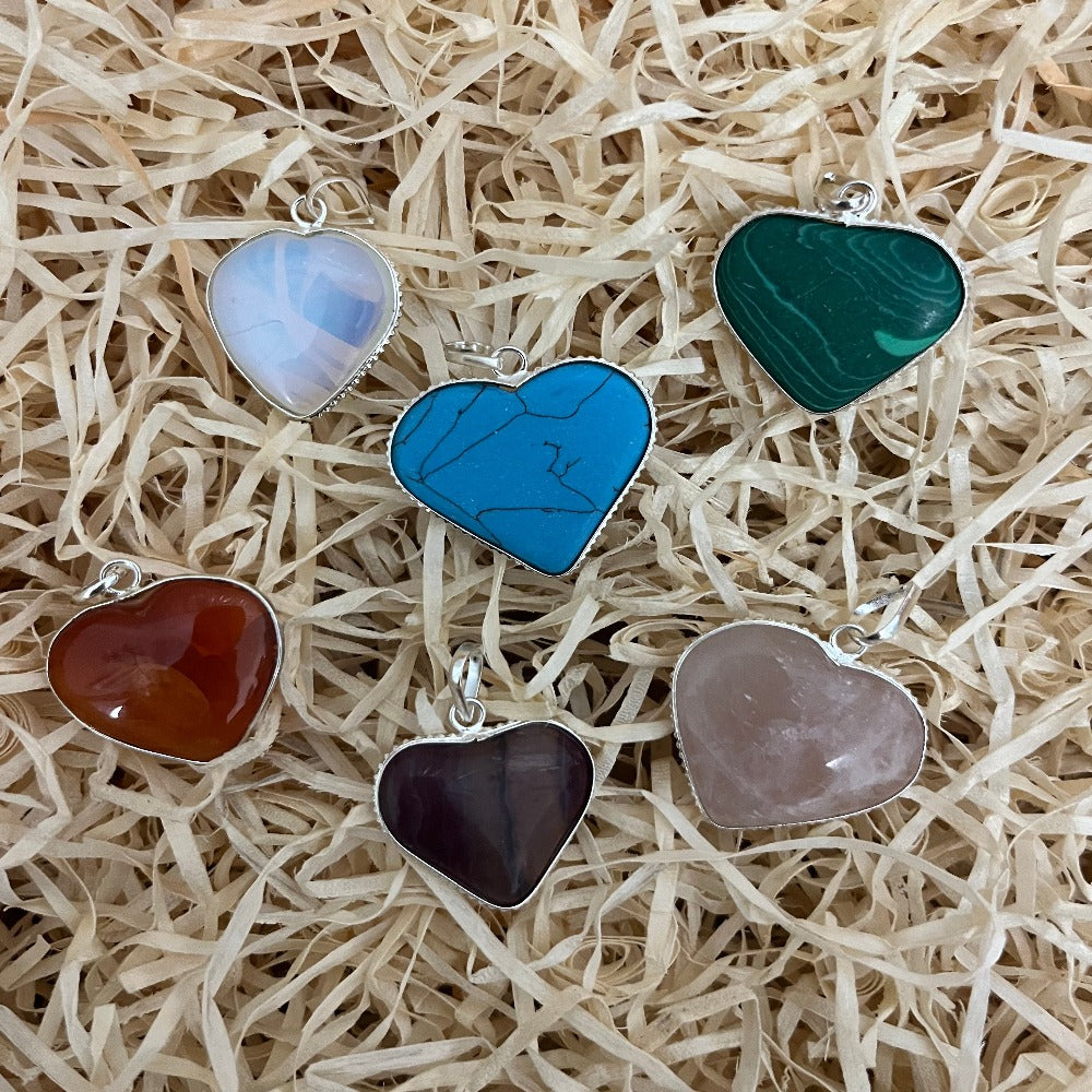 Silver Edged Gemstone Heart Pendants