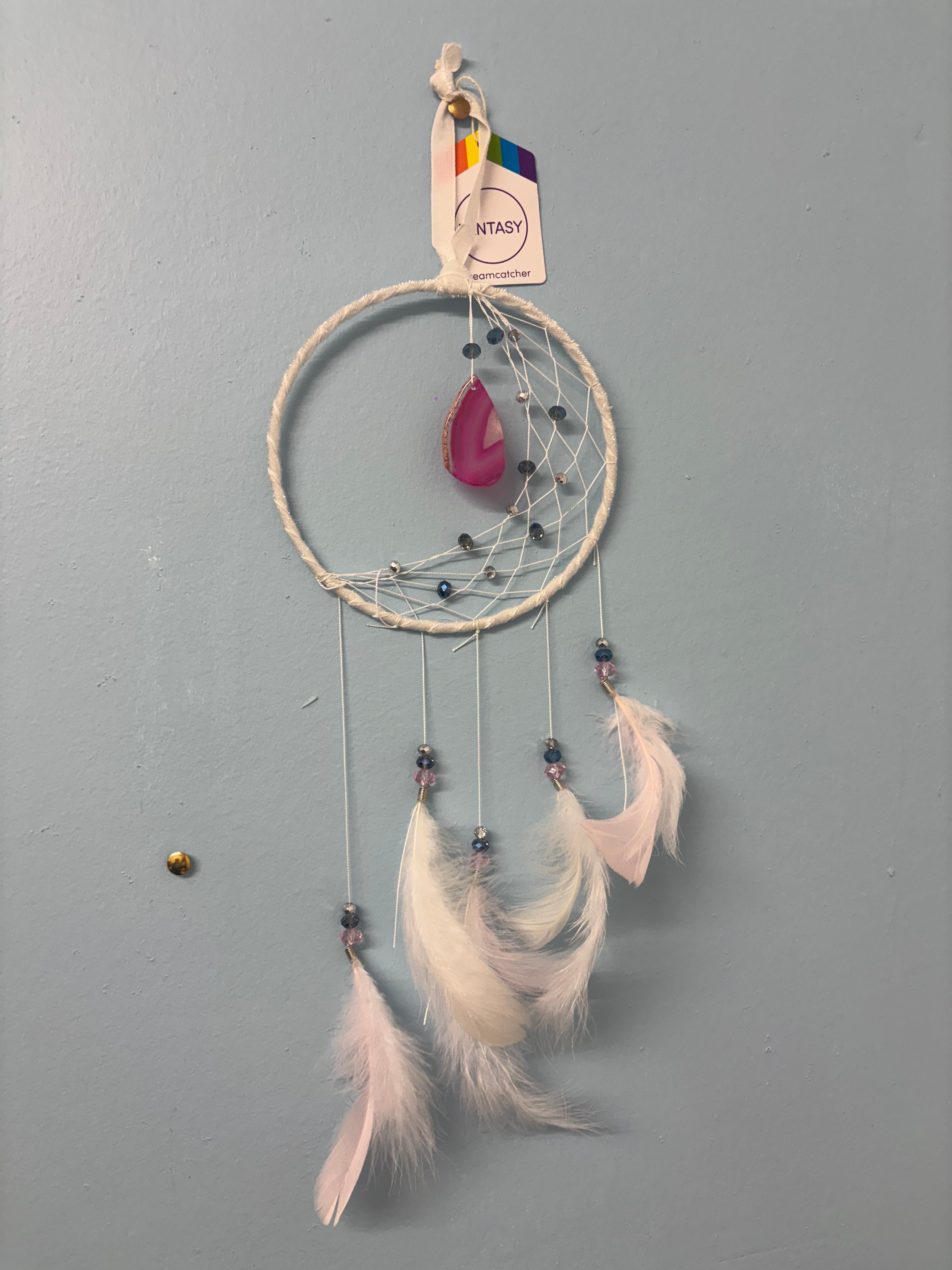 White Sickle Crescent Moon Dreamcatcher with Agate Charm